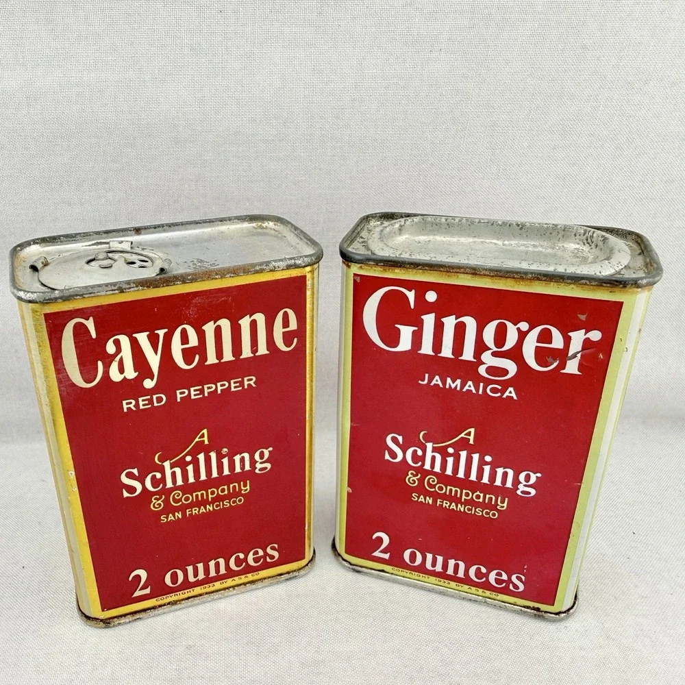 Vintage Spice Tins 1933 Cayenne & Ginger A. Schilling & Co. San Francisco 2 oz